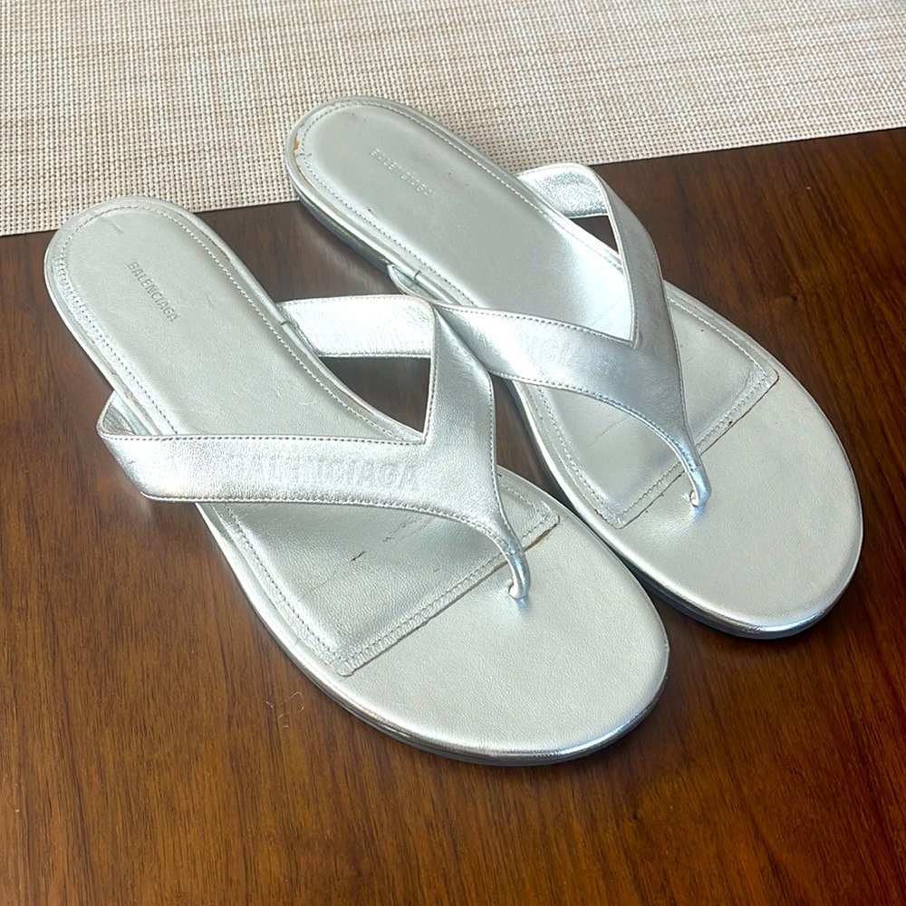 Balenciaga Silver Metallic Flip Flops
